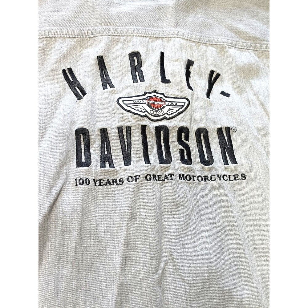 Vintage Harley Davidson Chambray Button Up Shirt Mens XXL Light Blue Embroidered